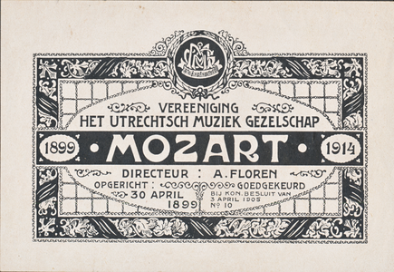 711730 Reclamebiljet van de Vereeniging Het Utrechtsche Muziek Gezelschap Mozart, 1899-1914, Directeur: A. Floren.